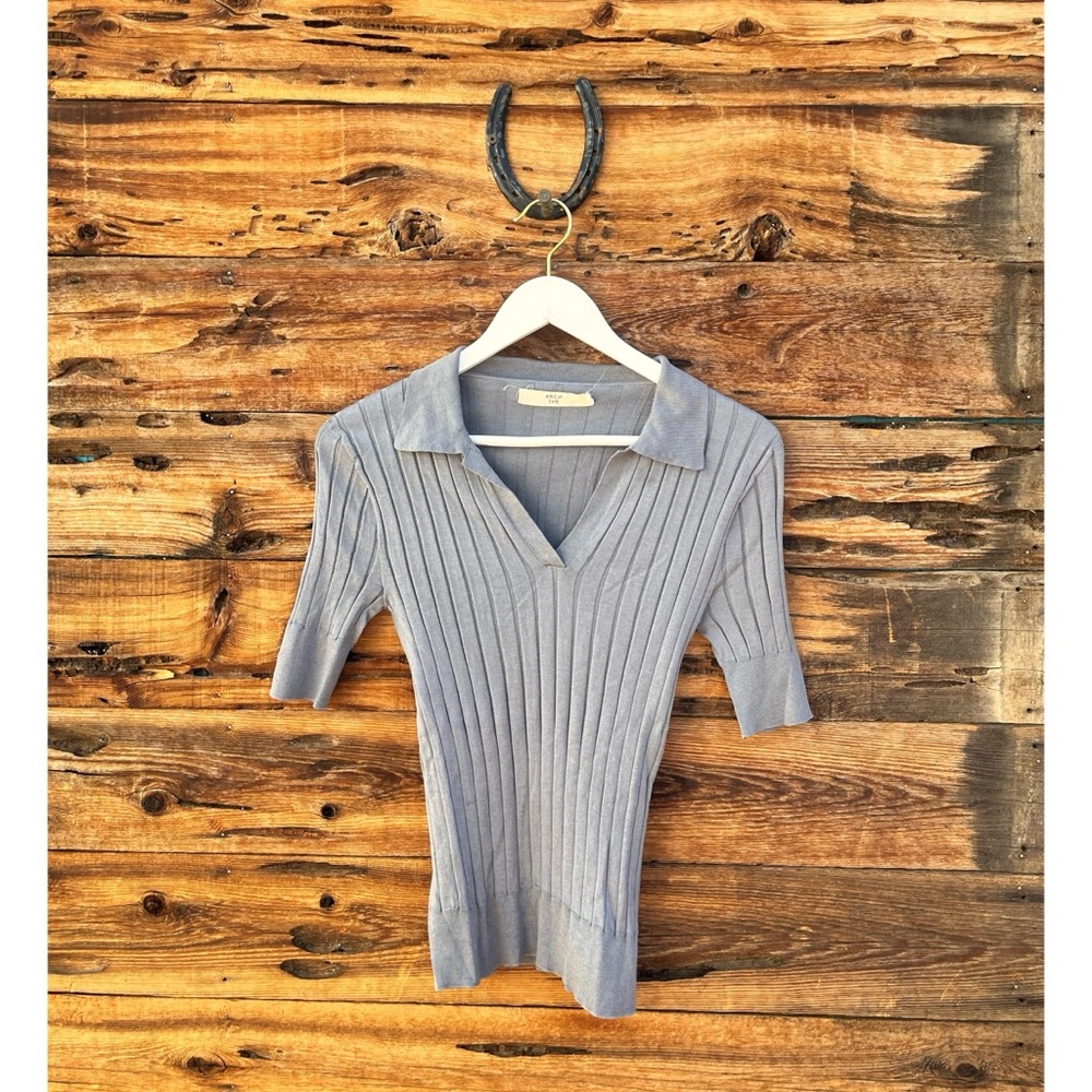 ARCHTHE | Ribbed Silk Cotton Gray Collared V-Neck Blouse 36 US 2